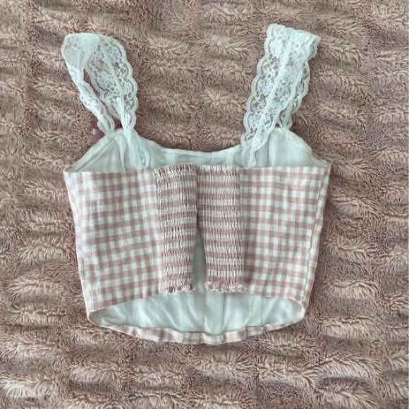 Reformation Pink Gingham Corset Top with Lace Straps - Picture 3 of 4